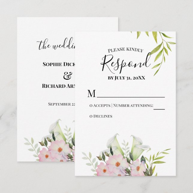 Watercolor White Calla Lilies Wedding RSVP Card (Vorne/Hinten)
