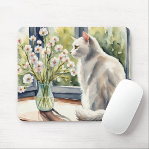 Watercolor White Cat and Daisies Mousepad