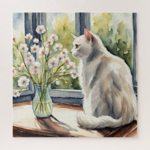 Watercolor White Cat and Daisies Puzzle