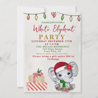 Watercolor White Elephant Gift Exchange Party Einladung