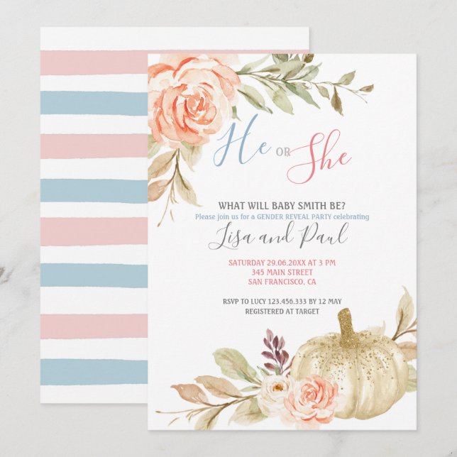 Watercolor White Fall Geschlecht offenbart Einladu Einladung (Vorne/Hinten)