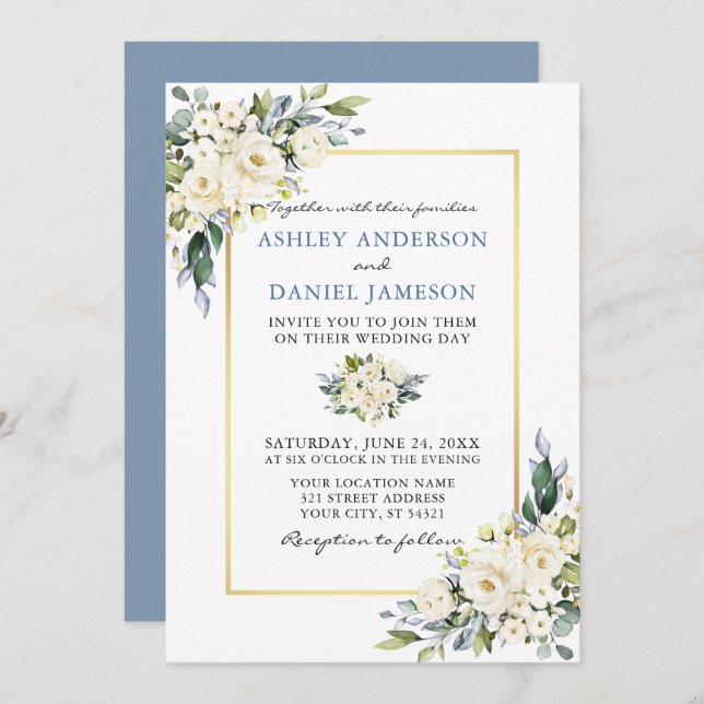 Watercolor White Floral Dusty Blue Wedding Einladung (Vorne/Hinten)