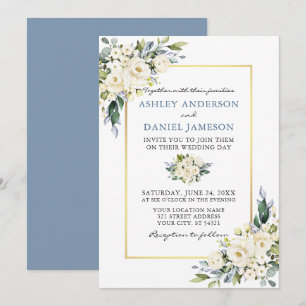 Watercolor White Floral Dusty Blue Wedding Einladung