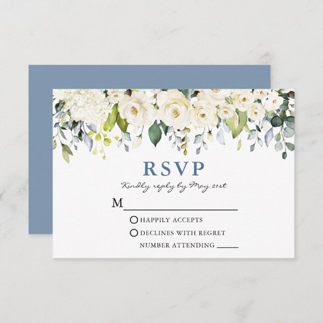 Watercolor White Floral Dusty Blue Wedding RSVP Karte (Vorne/Hinten)
