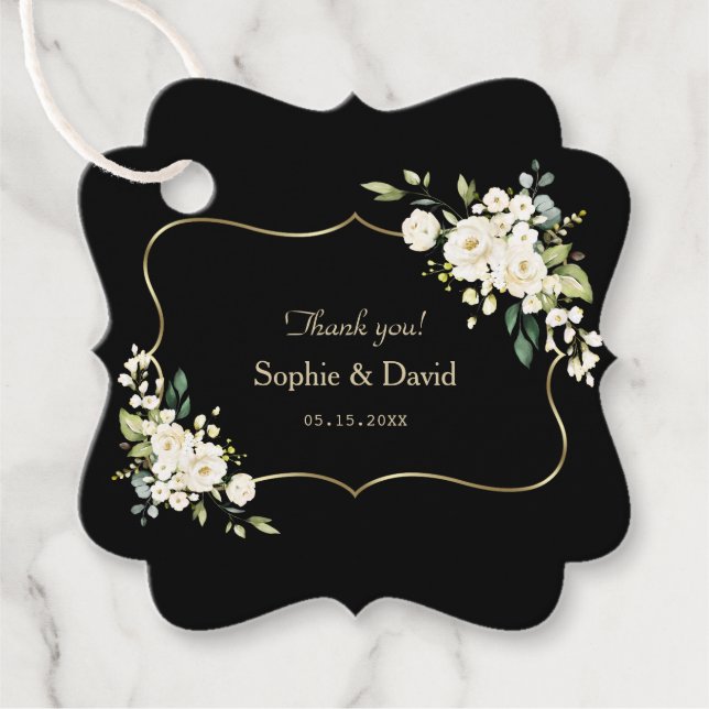 Watercolor White Floral Gold Black Wedding Geschenkanhänger (Vorderseite)