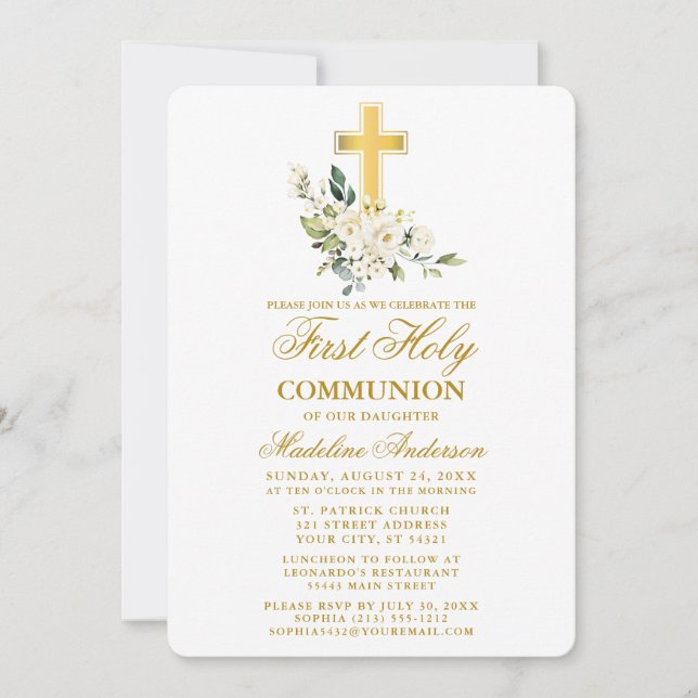 Watercolor White Floral Gold Cross Erste Kommune Einladung (Vorderseite)