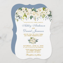 Watercolor White Floral Gold Dusty Blue Wedding Einladung