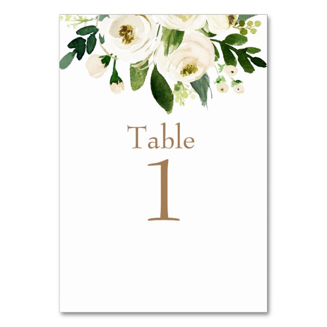 Watercolor White Floral Wedding Gold Text Tischnummer (Vorderseite)