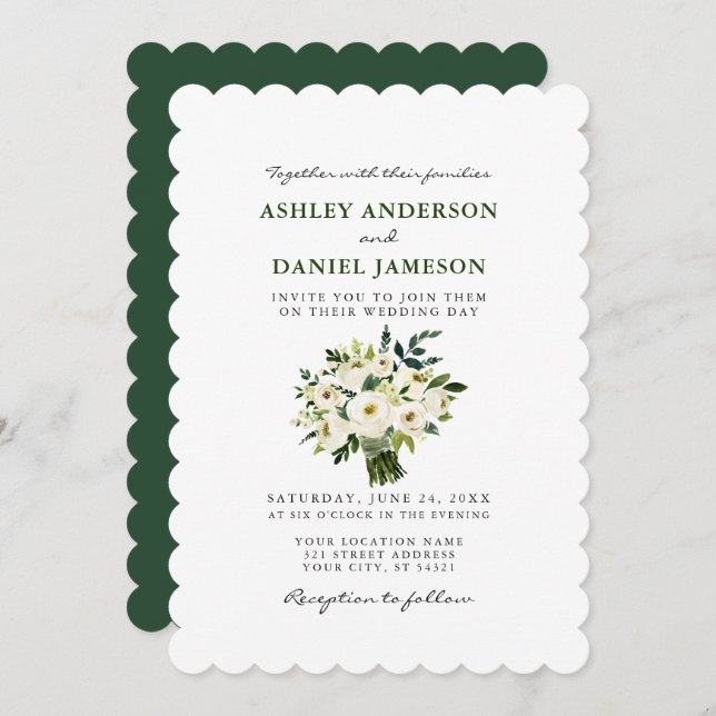 Watercolor White Floral Wedding Greenery S Einladung (Vorne/Hinten)