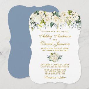 Watercolor White Floral Wedy Dusty Blue Gold Einladung