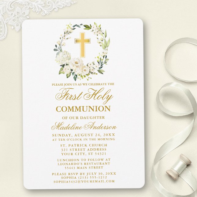Watercolor White Floral Wreath Goldkommunion Einladung (Customize to change text color, size, style or to add photos or more text to back of card.)