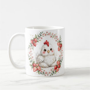 Watercolor White Henne & Erdbeeren Farmhouse Kaffeetasse