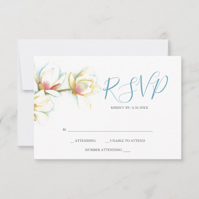 Watercolor White Magnolia Flower Reply RSVP Cards (Vorderseite)