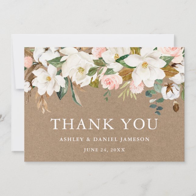Watercolor White Magnolias Rose Wedding Kraft Dankeskarte (Vorderseite)