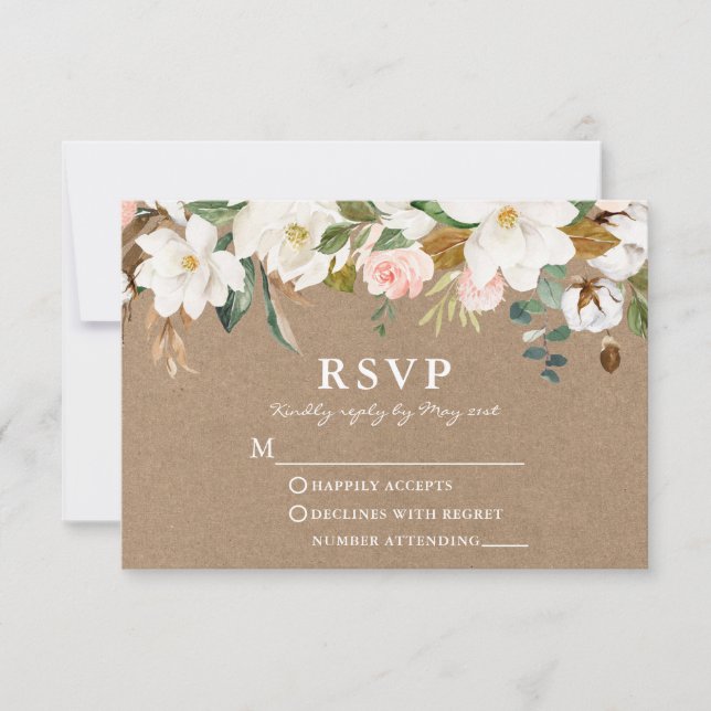 Watercolor White Magnolias Rose Wedding Kraft RSVP Karte (Vorderseite)
