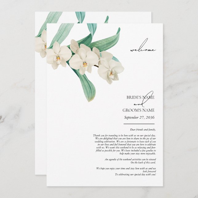 Watercolor White Orchids Floral Wedding Itinerary Programm (Vorne/Hinten)