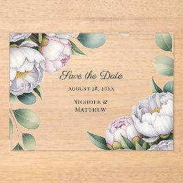 Watercolor White Peonies Wedding Save the Date Acryleinladungen