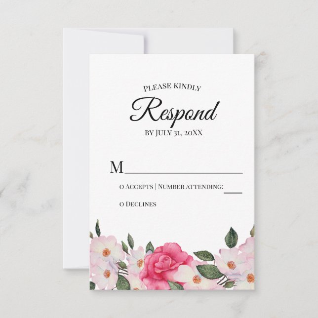 Watercolor White Pink Roses Wedding RSVP Reaktion Karte (Vorderseite)