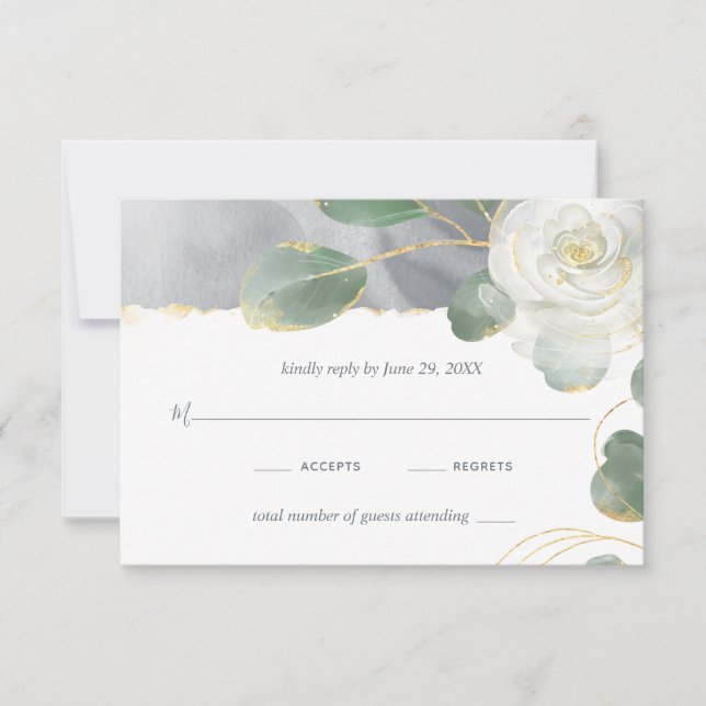 Watercolor White Rose Golden Greenery Blumenzwiebe RSVP Karte (Vorderseite)
