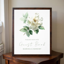 Watercolor White Rose Wedding Guest Book Sign