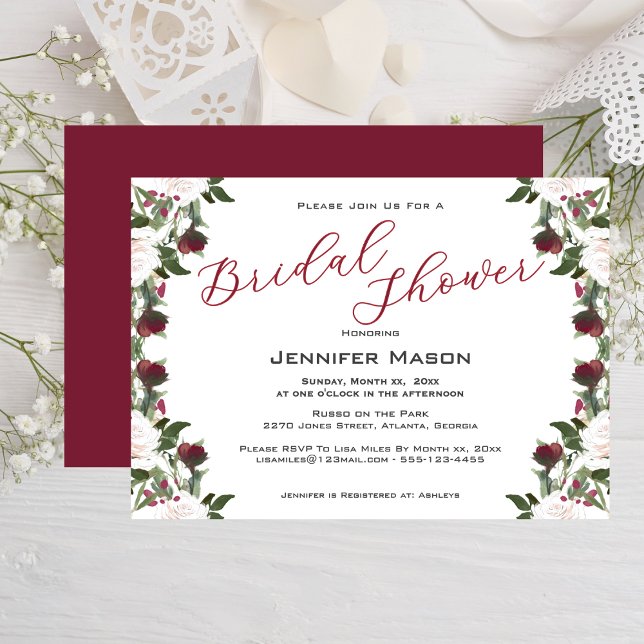 Watercolor White Roses Cranberry Bridal Shower  Einladung (Watercolor White Roses Cranberry Bridal Shower Invitation)