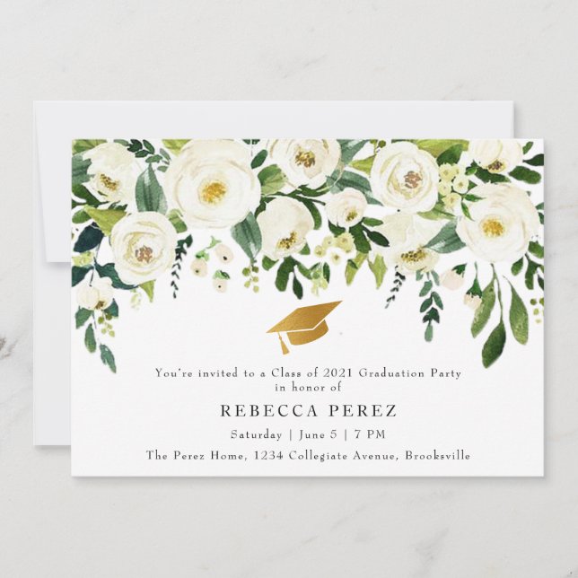 Watercolor White Roses Greenery Graduation Party Einladung (Vorderseite)