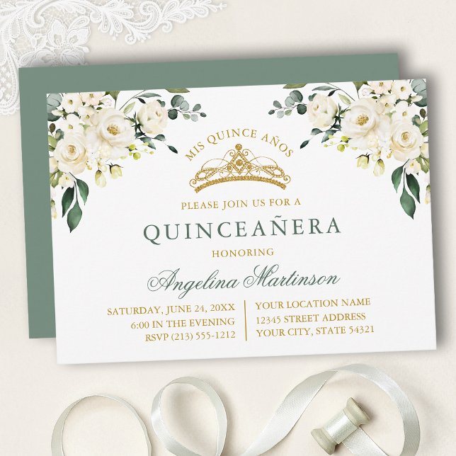 Watercolor White Roses Sage Green Gold Quinceanera Einladung (Customize to change text color, text style or color of back of card.)