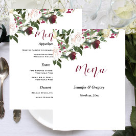 Watercolor White Roses with Cranberry Wedding Menükarte