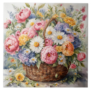 Watercolor Wicker Körbchen mit Summer Blume Fliese