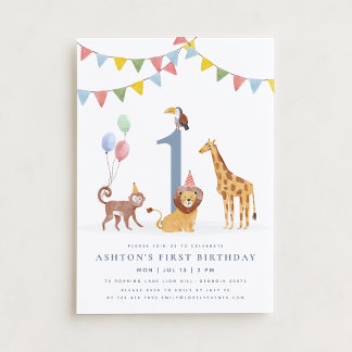 Watercolor Wild Animals First Birthday Einladung