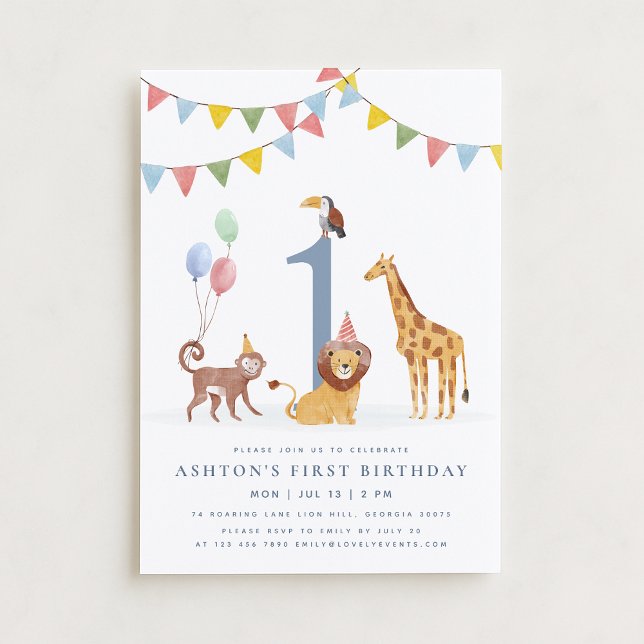 Watercolor Wild Animals First Birthday Einladung (Von Creator hochgeladen)