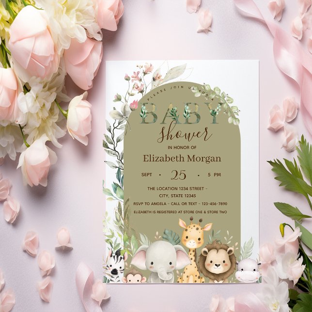 Watercolor Wild Animals Flowers Baby Shower   Einladung (Von Creator hochgeladen)