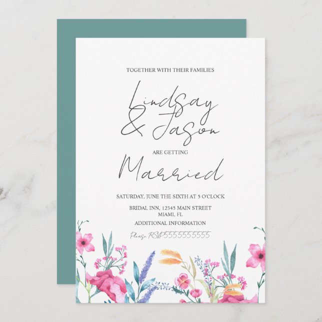 Watercolor Wild Blume Green Script Wedding Einladung (Vorne/Hinten)
