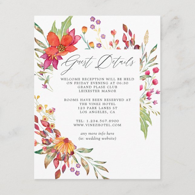Watercolor Wild Blume Wedding Guest Details Begleitkarte (Vorderseite)