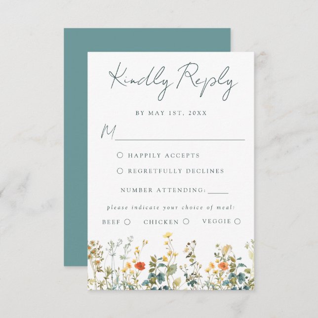 Watercolor-Wildblume-Hochzeitkarte für RSVP (Vorne/Hinten)
