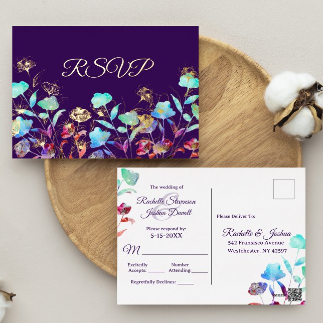 Watercolor Wildblume Script Wedding RSVP Gold Folie Einladungspostkarte (Von Creator hochgeladen)