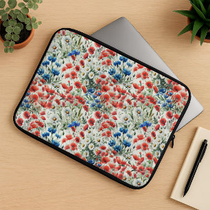 Watercolor-Wildblumen-Mohn-Gänseblümchen-Laptop-Hü Laptopschutzhülle