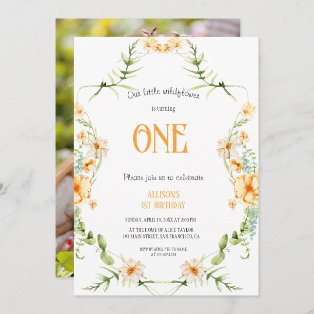 Watercolor Wildflower 1st Birthday Mauve Girl  Einladung (Vorne/Hinten)