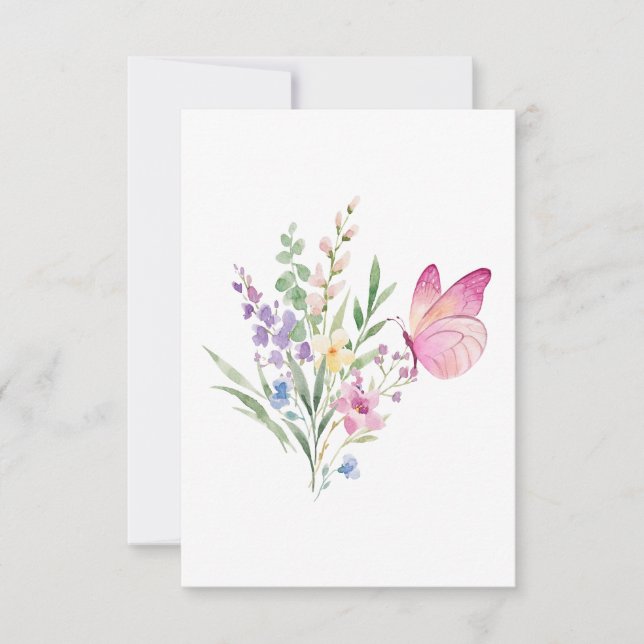 Watercolor Wildflower Bouquet with Pink Butterfly Dankeskarte (Vorderseite)
