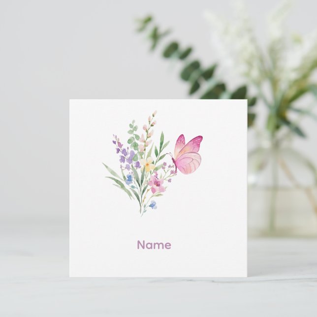Watercolor Wildflower Bouquet with Pink Butterfly Dankeskarte (Stehend Vorderseite)