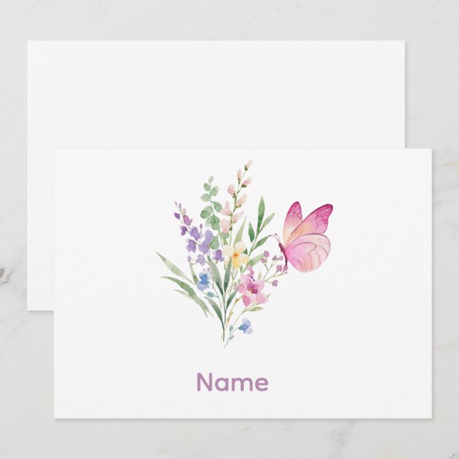Watercolor Wildflower Bouquet with Pink Butterfly Einladung (Vorne/Hinten)