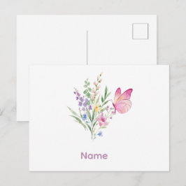 Watercolor Wildflower Bouquet with Pink Butterfly Postkarte