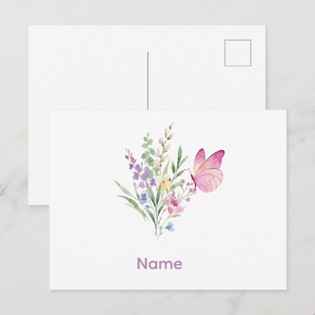 Watercolor Wildflower Bouquet with Pink Butterfly Postkarte (Vorne/Hinten)