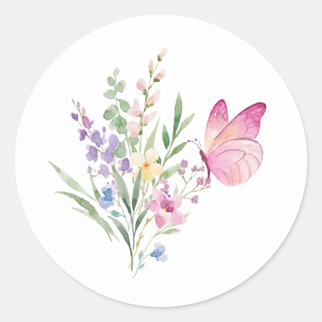 Watercolor Wildflower Bouquet with Pink Butterfly Runder Aufkleber (Vorderseite)