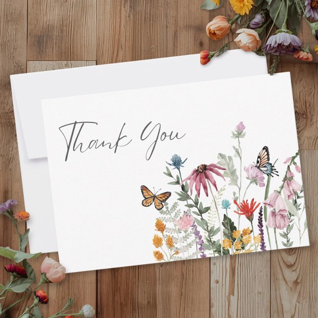 Watercolor Wildflower Butterfly Modern Wedding Dankeskarte (Von Creator hochgeladen)