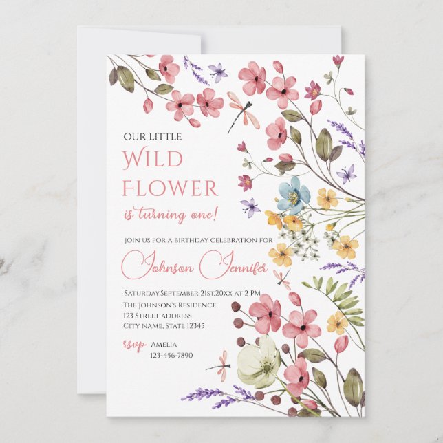 Watercolor Wildflower Girl 1st Birthday Invitation Einladung (Vorderseite)