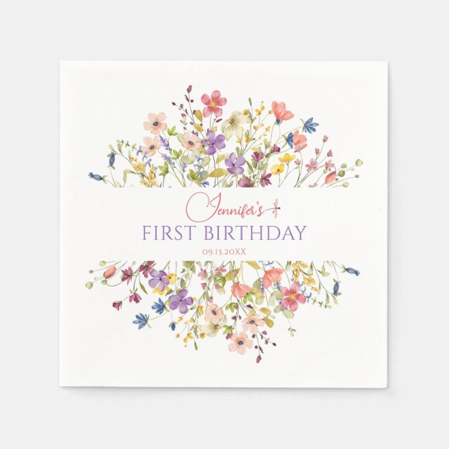 Watercolor Wildflower Girl 1st Birthday Napkins Serviette (Vorderseite)