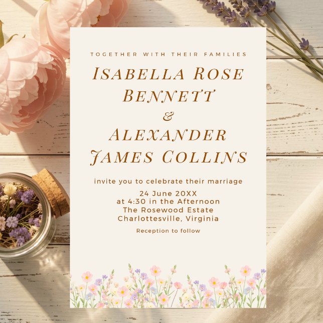 Watercolor Wildflower Meadow Pastel Botanical  Einladung (A sun-kissed meadow of soft pastel wildflowers anchors the bottom of this dreamy invitation.)