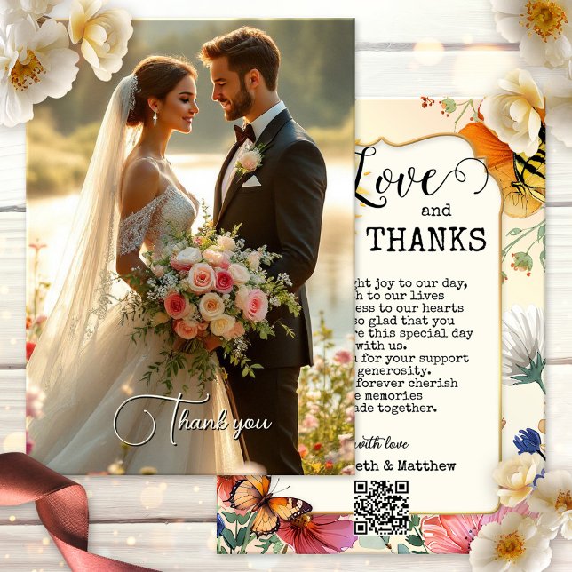 Watercolor Wildflower Wedding Photo Thank You Card Dankeskarte (Wedding photo Thank You card with a whimsical watercolor wildflower design with butterflies and sun)