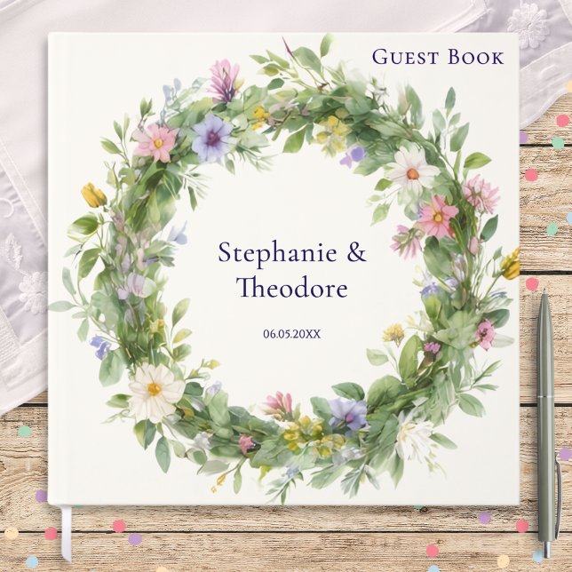 Watercolor Wildflower Wreath Personalized Wedding Gästebuch (A personalized wedding guest book with a wildflower wreath design in a watercolor style)